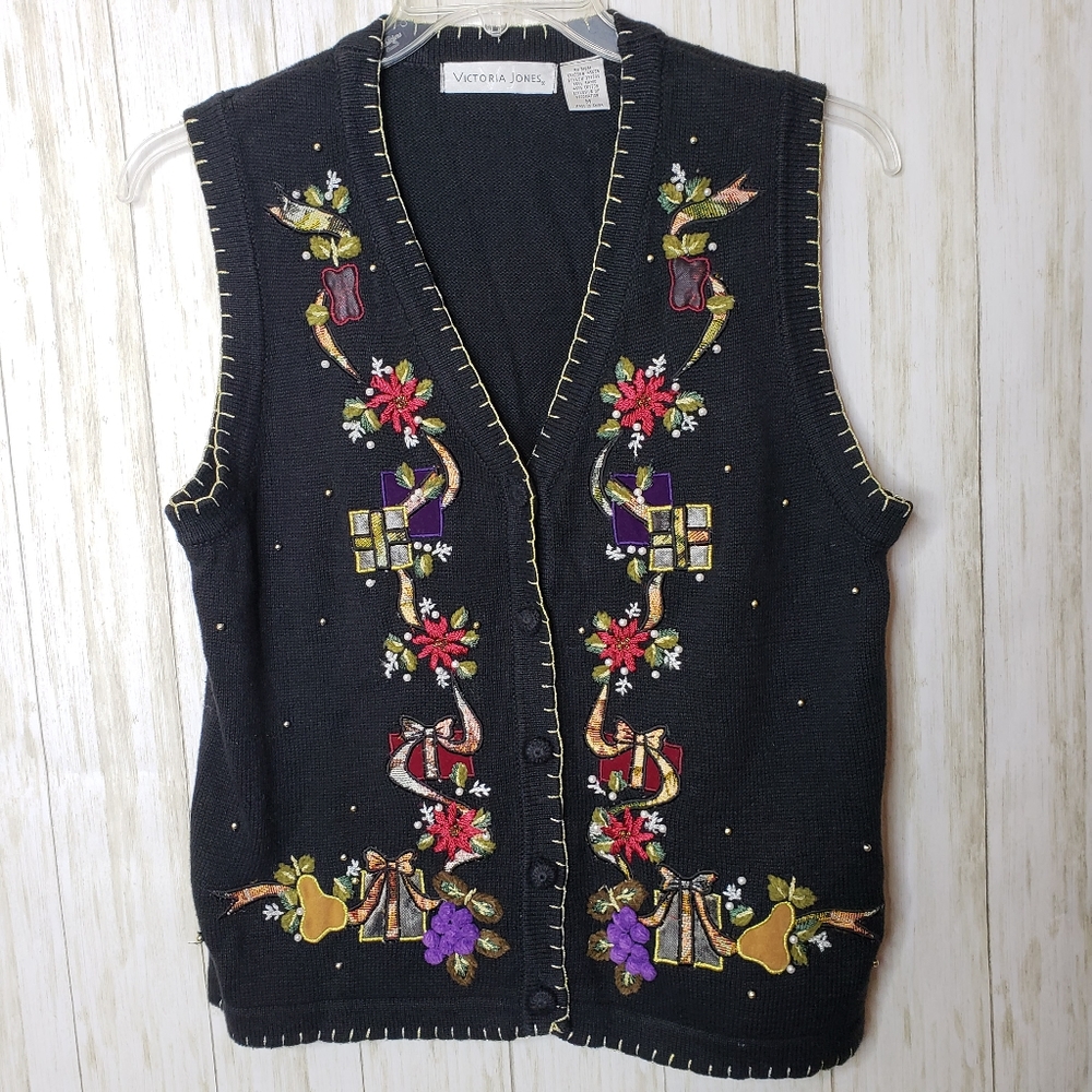 Victoria Jones Cardigan Seater Vest Black Embroidered Gold Floral Size Medium